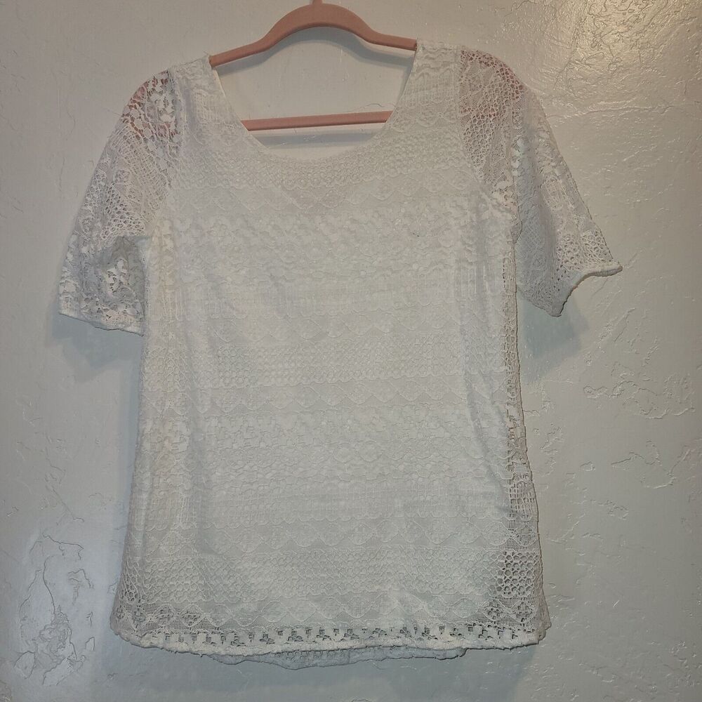 Rachel Kate Womens Sz L Lace Blouse White 1/2 Sleeve Top Chiffon Bow Coquette
